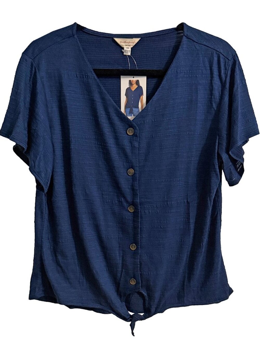 NWT Weatherproof Navy Blue Tie-Front Button Down Blouse - L